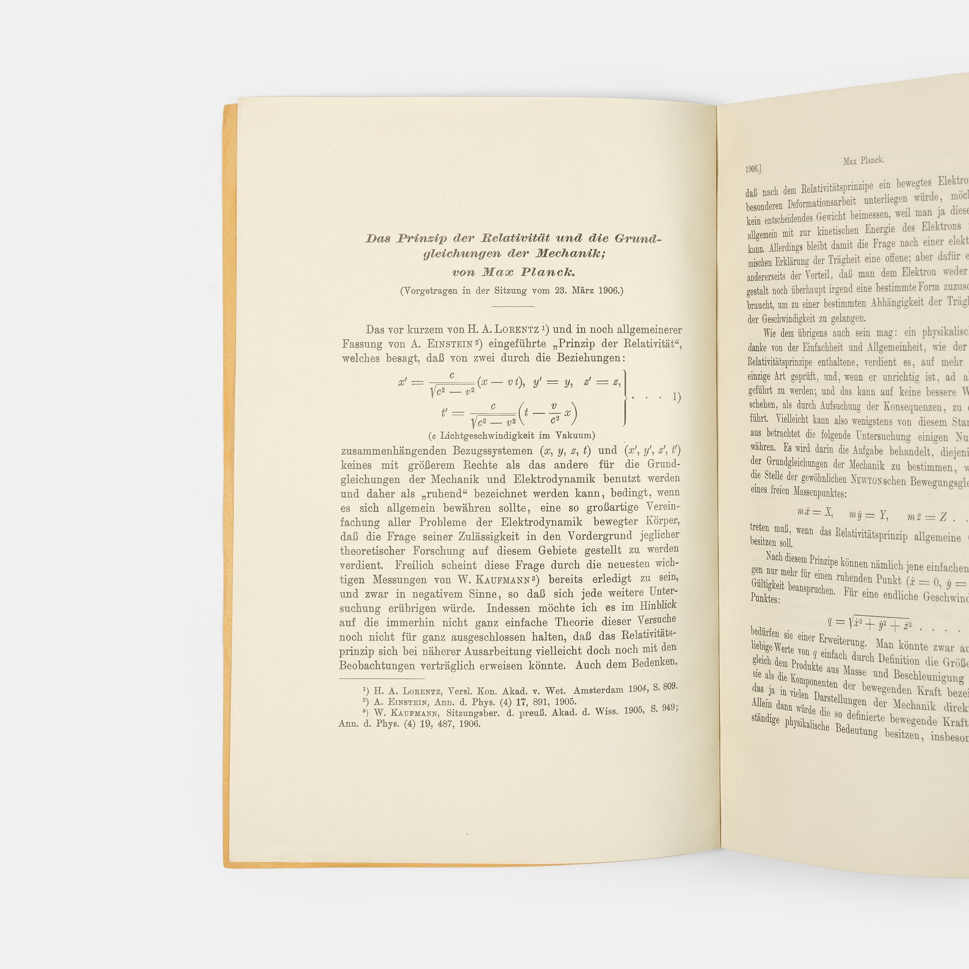 The rare author's offprint of the first public response to Einstein's special relativity, Das Prinzip der Relativität und die Grundgleichungen der Mechanik by Max Planck.