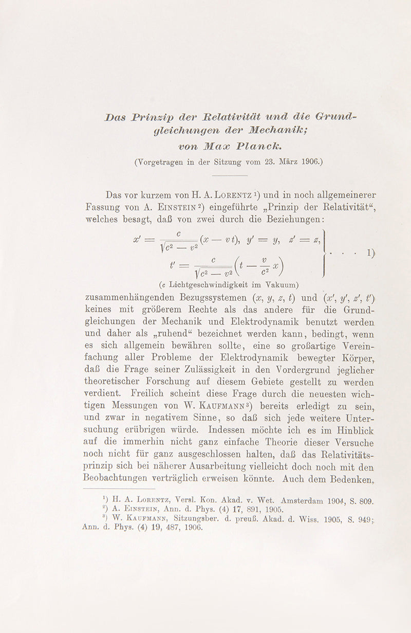 The rare author's offprint of the first public response to Einstein's special relativity, Das Prinzip der Relativität und die Grundgleichungen der Mechanik by Max Planck.