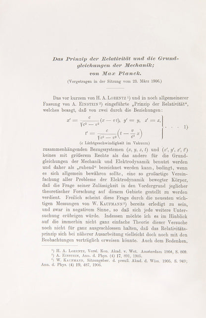 The rare author's offprint of the first public response to Einstein's special relativity, Das Prinzip der Relativität und die Grundgleichungen der Mechanik by Max Planck.