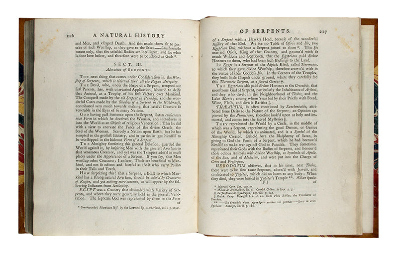 First edition of Charles Owen's An Essay Towards a Natural History of Serpents, an attractively illustrated book on the biology and cultraul relevance of snakes, published in 1742.