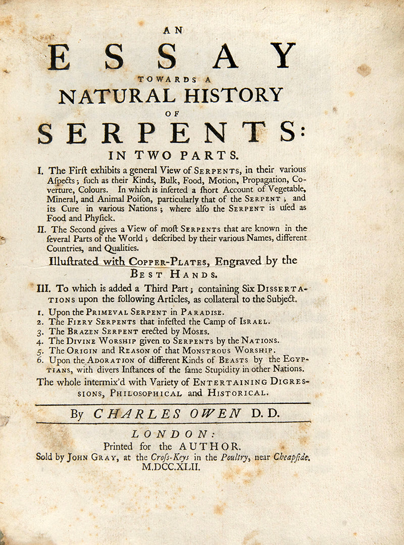 First edition of Charles Owen's An Essay Towards a Natural History of Serpents, an attractively illustrated book on the biology and cultraul relevance of snakes, published in 1742.
