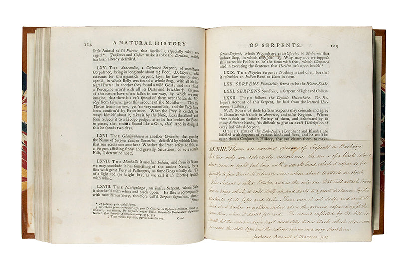 First edition of Charles Owen's An Essay Towards a Natural History of Serpents, an attractively illustrated book on the biology and cultraul relevance of snakes, published in 1742.