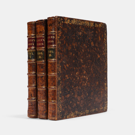 First editions of A Natural History of Birds by Eleazar Albin, the first British bird book illustrated with hand-coloured plates, published in 1731, 1734, & 1738.