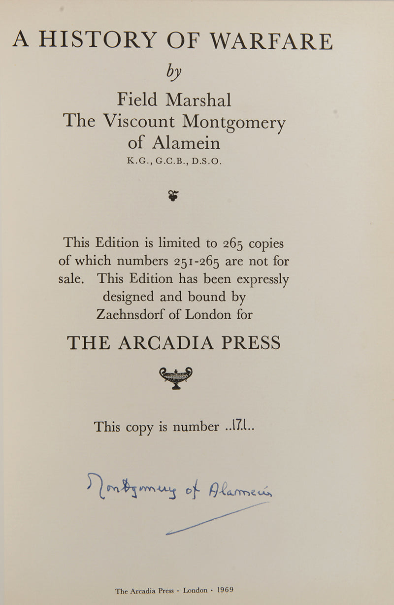 An very good copy of Field Marshall Montgomery's History of Warfare, signed by the author, bound in black Niger by Zaehnsdorf