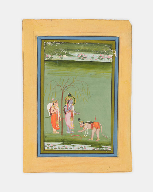 A miniature painting from India depicting Hanuman bowing before Rama and Lakshmana.