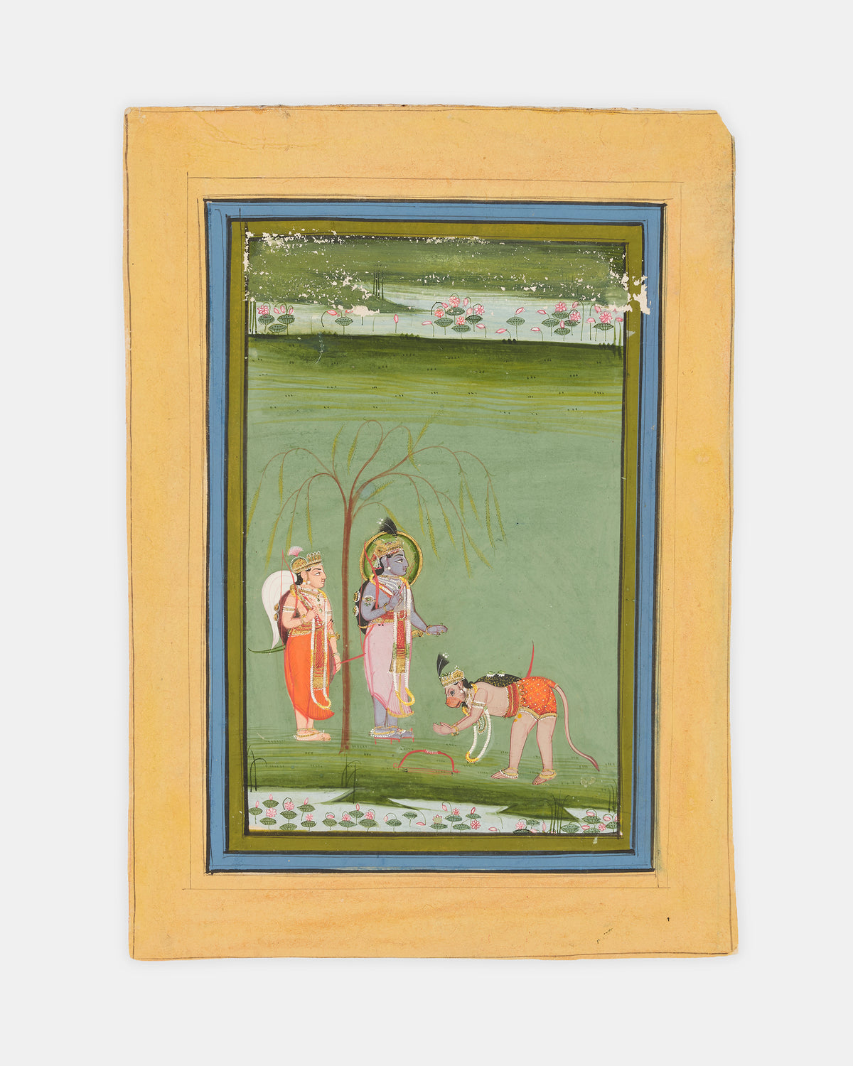 A miniature painting from India depicting Hanuman bowing before Rama and Lakshmana.
