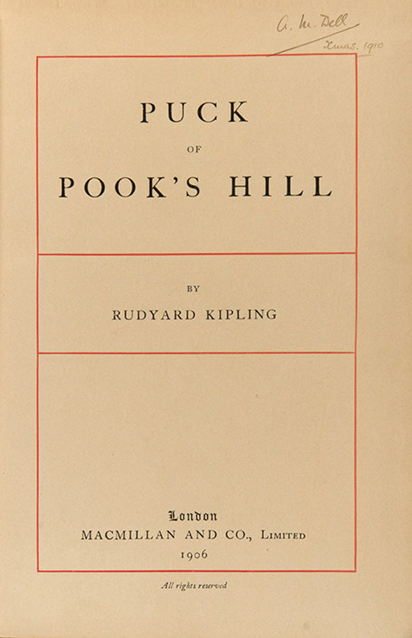 A collection of ten short stories, this is a very good first edition copy of Kipling's Puck of Pook's hill, with the publisher's original red cloth