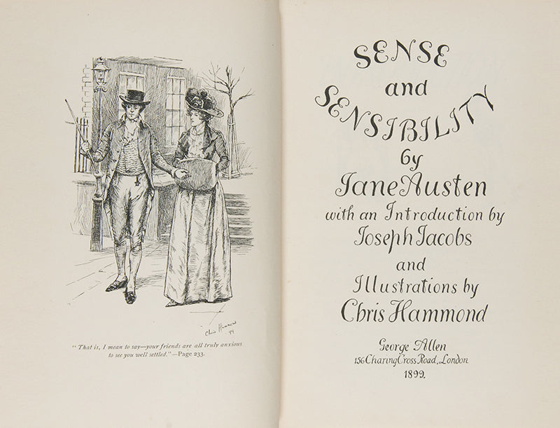 Jane Austen, Sense and Sensibility, Chris Hammond (illustrator), 1899, with typically art-nouveau era decorative binding, gilt-blocked pictorial cover and spine<br /><br />