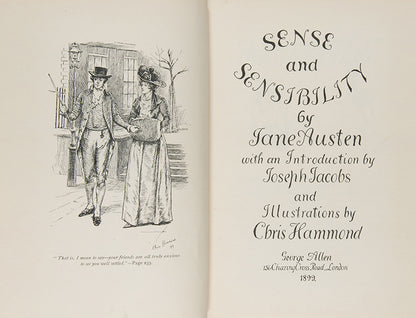 Jane Austen, Sense and Sensibility, Chris Hammond (illustrator), 1899, with typically art-nouveau era decorative binding, gilt-blocked pictorial cover and spine<br /><br />