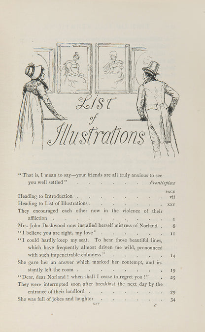 Jane Austen, Sense and Sensibility, Chris Hammond (illustrator), 1899, with typically art-nouveau era decorative binding, gilt-blocked pictorial cover and spine<br /><br />