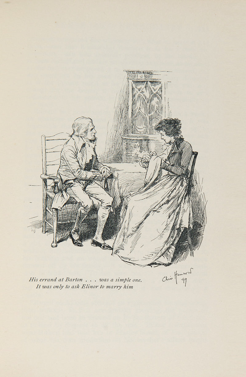 Jane Austen, Sense and Sensibility, Chris Hammond (illustrator), 1899, with typically art-nouveau era decorative binding, gilt-blocked pictorial cover and spine<br /><br />