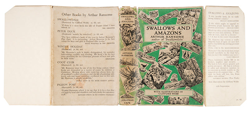 The first illustrated edition, eleventh impression,  of Swallows and Amazons by Arthur Ransome, with illustrations by Clifford Webb