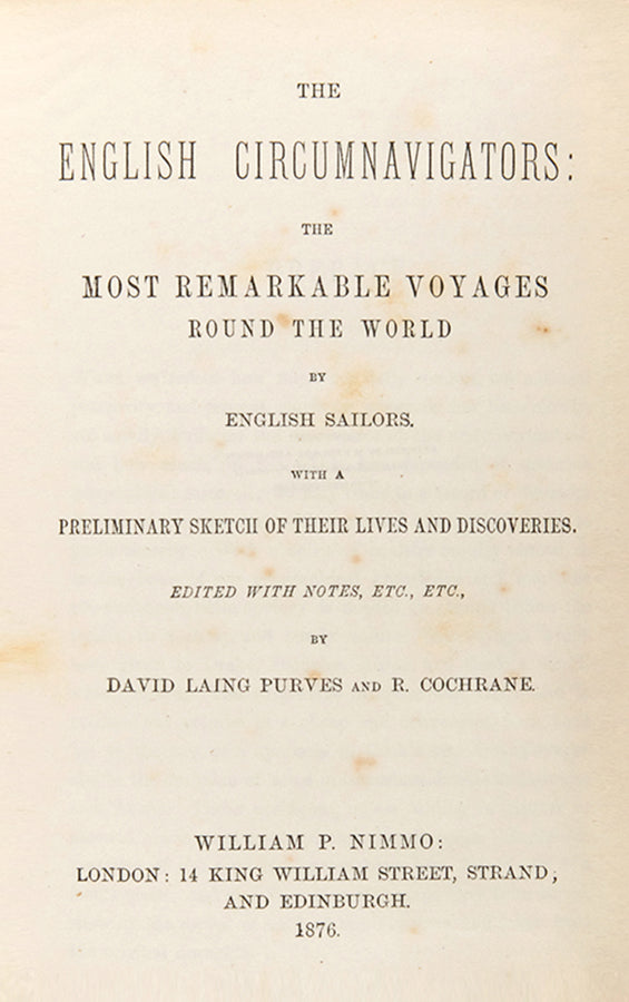 First edition of this edited collected voyages of The English Circumnavigators, pulling together the voyages of Drake, Anson, Dampier, Cook.