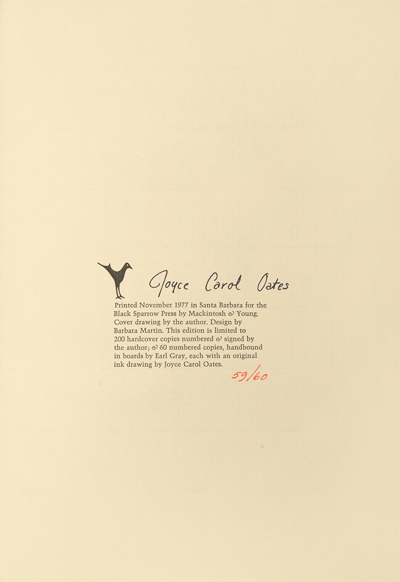 A fine copy of Season of Peril, by Joyce Carol Oates, first edition, limited to 60 copies, inscribed by author to Ruth Fainlight, including original ink drawing