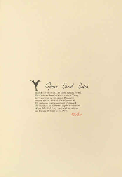 A fine copy of Season of Peril, by Joyce Carol Oates, first edition, limited to 60 copies, inscribed by author to Ruth Fainlight, including original ink drawing
