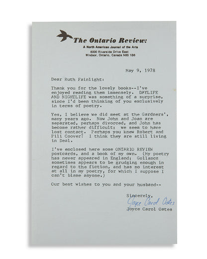 A fine copy of Season of Peril, by Joyce Carol Oates, first edition, limited to 60 copies, inscribed by author to Ruth Fainlight, including original ink drawing