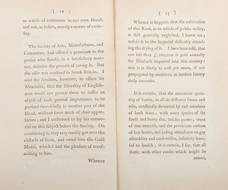 First and only edition of physician William Fordyce's rare book on the Proper Method of Cultivating and Curing Rhubarb in Britain, published in 1792.