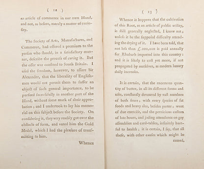First and only edition of physician William Fordyce's rare book on the Proper Method of Cultivating and Curing Rhubarb in Britain, published in 1792.