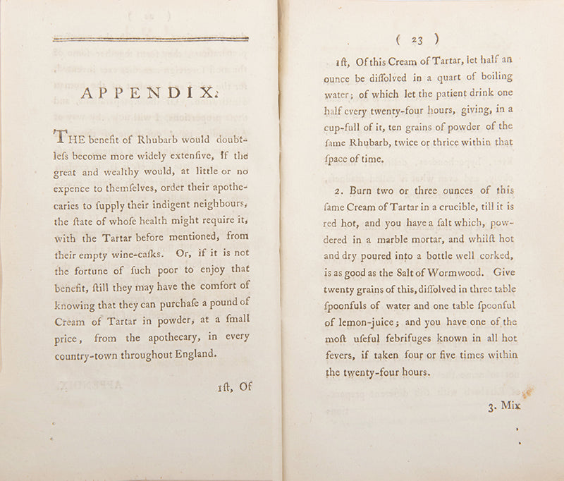 First and only edition of physician William Fordyce's rare book on the Proper Method of Cultivating and Curing Rhubarb in Britain, published in 1792.
