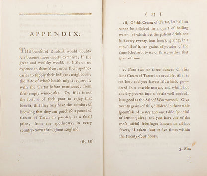 First and only edition of physician William Fordyce's rare book on the Proper Method of Cultivating and Curing Rhubarb in Britain, published in 1792.