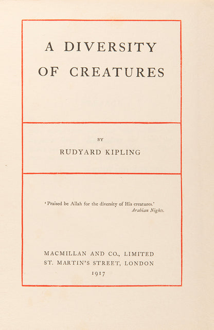 A diversity of creatures by Rudyard Kipling first edition in red cloth hardback with the original dust jacket a collection of prose intermingled with verse
