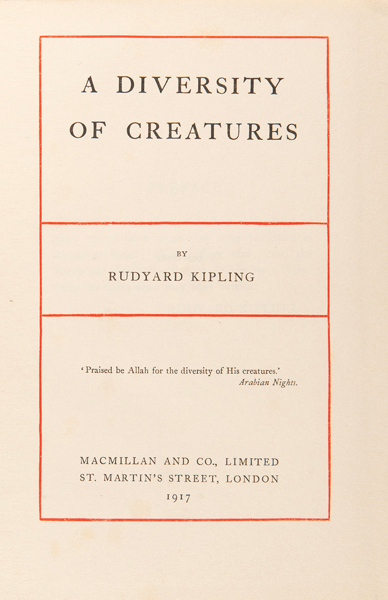A diversity of creatures by Rudyard Kipling first edition in red cloth hardback with the original dust jacket a collection of prose intermingled with verse