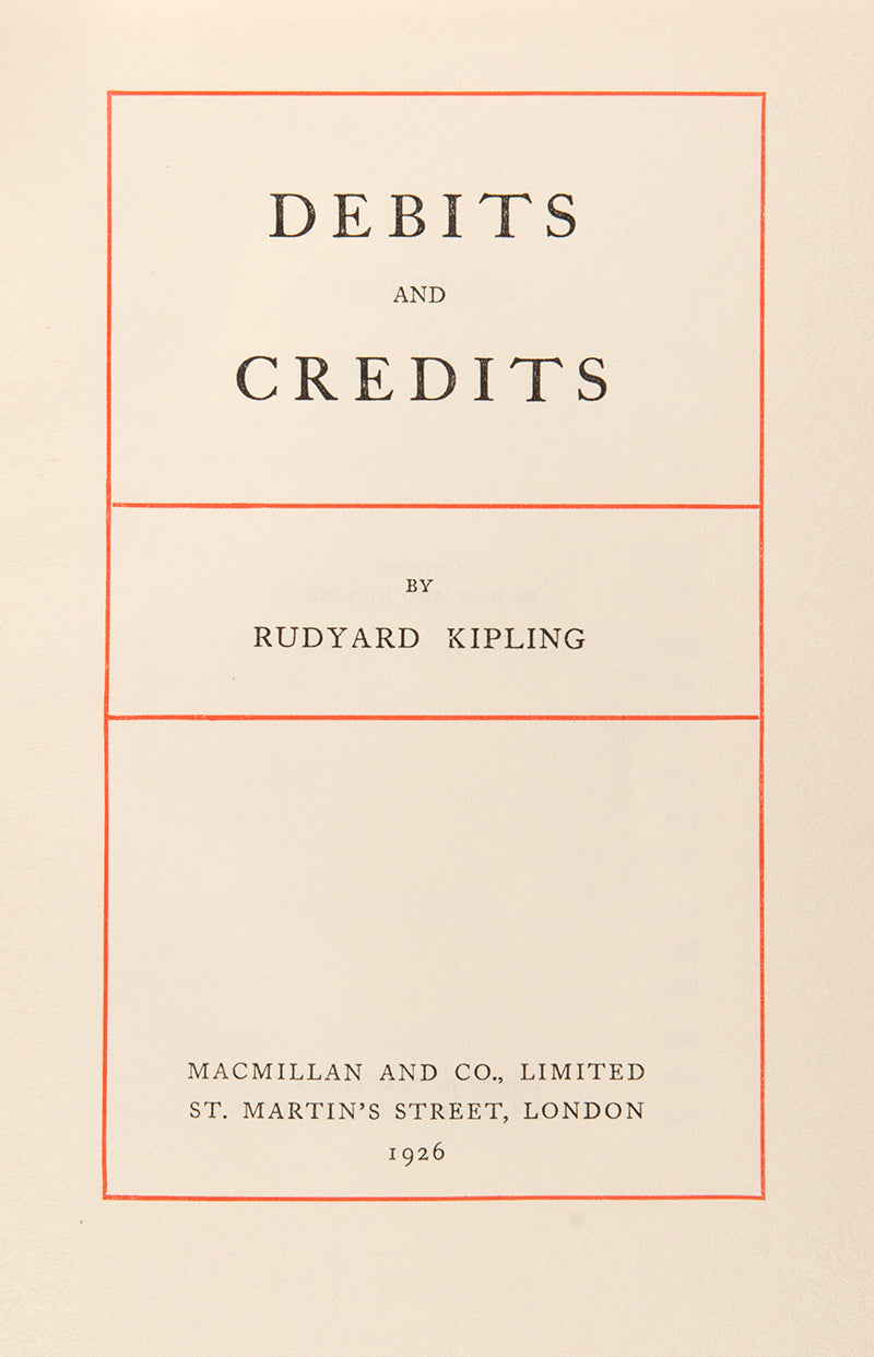 first edition copy of rudyard kipling's debits and credits with publisher's original red cloth and gilt medallion to upper panel consisting of short stories and poems