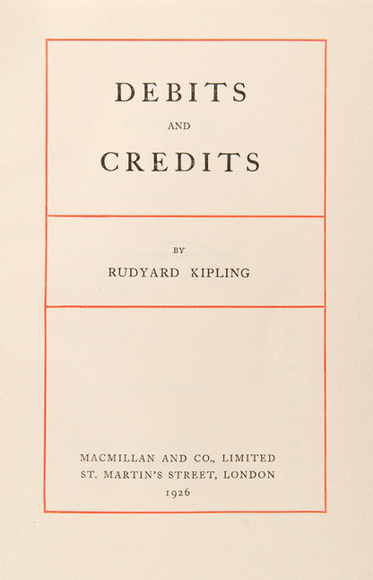 first edition copy of rudyard kipling's debits and credits with publisher's original red cloth and gilt medallion to upper panel consisting of short stories and poems