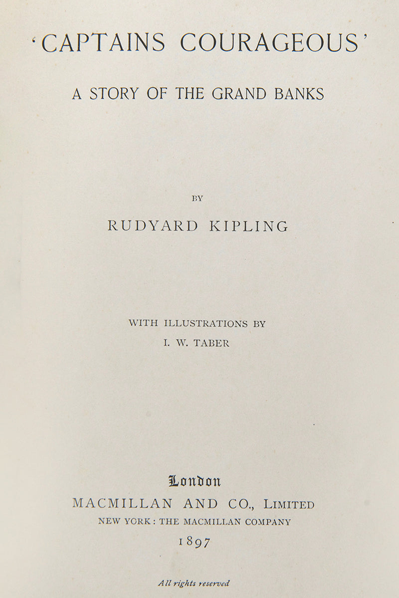 Captains Courageous by Rudyard Kipling a first edition copy in very good condition with the publisher's original blue cloth with gilt decoration to spine and front board