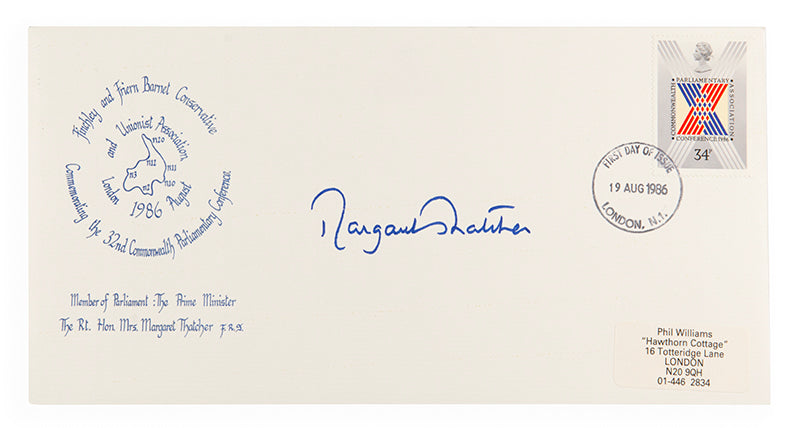two items of ephemera, a pamphlet and envelope, signed by margaret thatcher towards the latter half of her career as prime minister