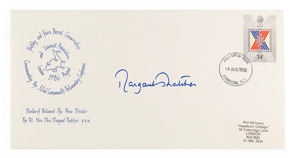 two items of ephemera, a pamphlet and envelope, signed by margaret thatcher towards the latter half of her career as prime minister