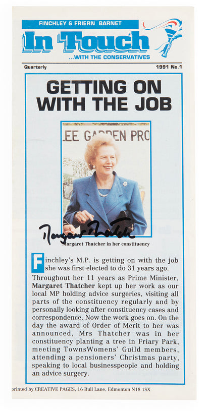 two items of ephemera, a pamphlet and envelope, signed by margaret thatcher towards the latter half of her career as prime minister