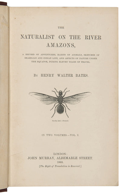 First edition of naturalist Henry Walter Bates's The Naturalist on the Rivers Amazon, a major contribution to the literature of Amazonia by a supporter of Charles Darwin.