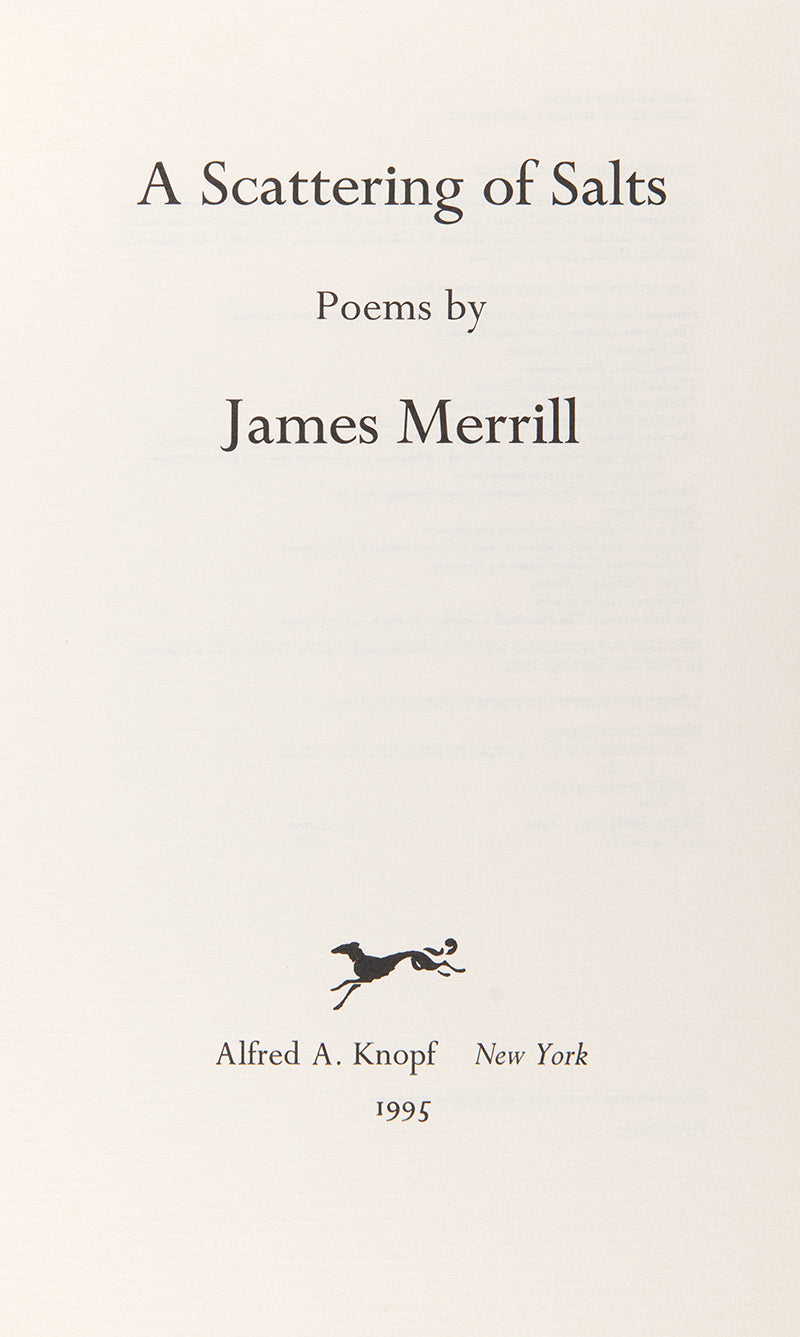A Scattering of Salts, by James Merrill, first edition, first printing, from library of Merrill's lover Peter Gillis, with compliment slip from publisher