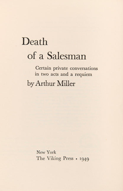 First edition of Death of a Salesman by Arthur Miller, inscribed by the author to Leslie Bricusse.