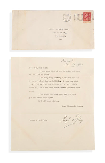First edition, first printing of The story of Doctor Dolittle, by Hugh Lofting, with illustrations by the author, with a page each from original manuscript and the tls