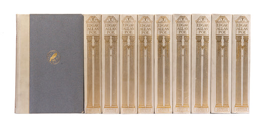 Complete works of Edgar Allan Poe, in ten volumes, with full page illustrations  by Simpson Coburn etched on vellum paper, signed by publisher, limited edition