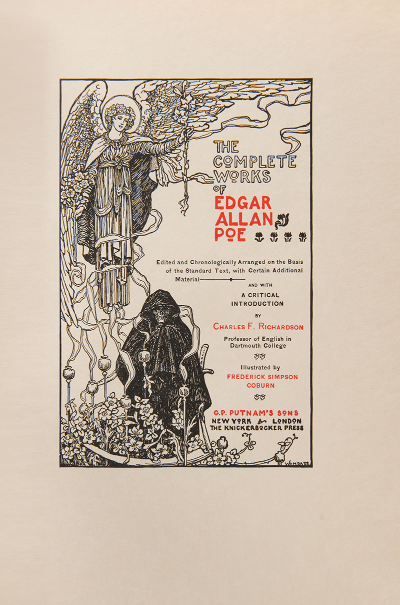 Complete works of Edgar Allan Poe, in ten volumes, with full page illustrations  by Simpson Coburn etched on vellum paper, signed by publisher, limited edition
