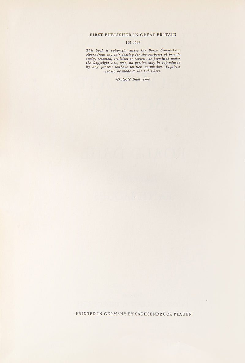 Charlie and the Chocolate Factory, by Roald Dahl, a U.K First edition in very good condition, with the publisher's original laminated pictorial covers