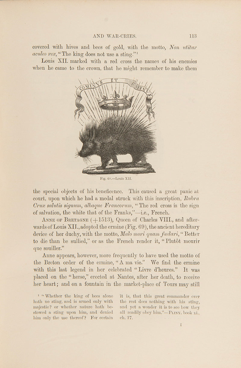 Historic devices, badges and war-cries by Mrs Bury Palliser, a first edition copy, offering a review of historic badges and devices of many historic families