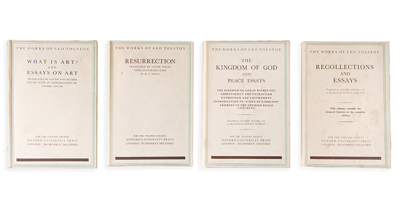 An impressive set, 21 volumes, complete works by Leo Tolstoy, translated by Aylmer and Louise Maude, featuring introductions by famous authors