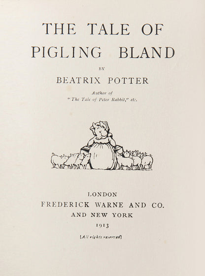 The Tale of Pigling Bland, by Beatrix Potter, first edition, with 15 colour illustrations, near fine condition, one of her most endearing tales, 1913