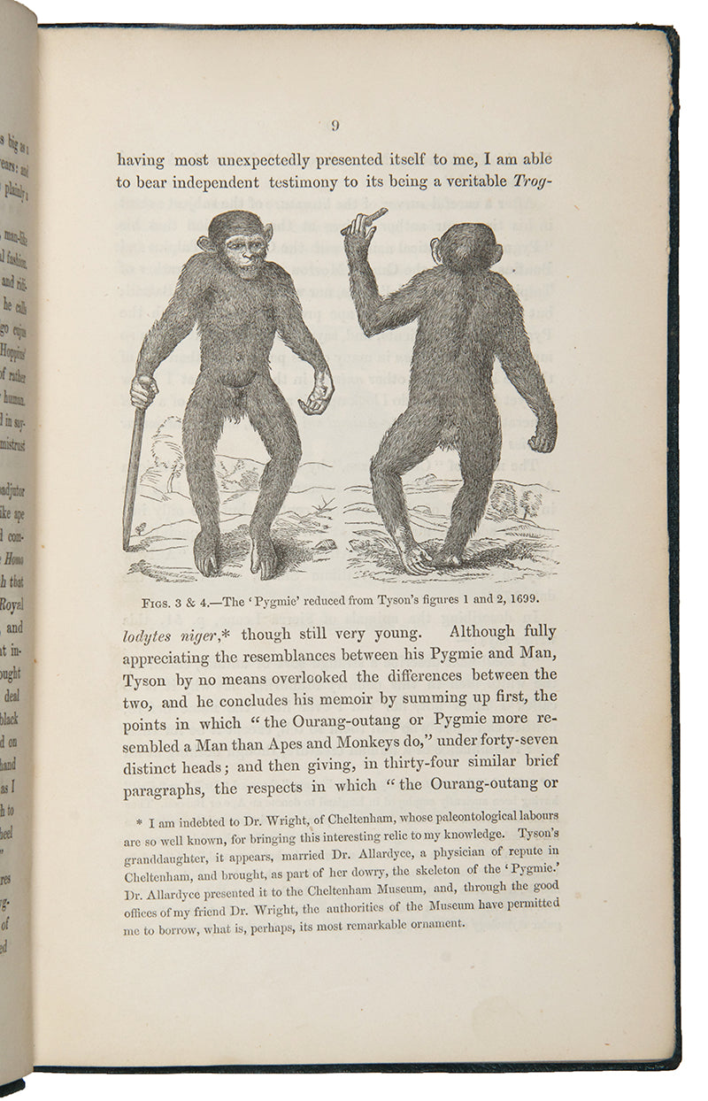 First edition, first issue of Thomas Henry Huxley's Evidence as to Man's Place in Nature, the first book to apply Darwinian evolution to humanity.