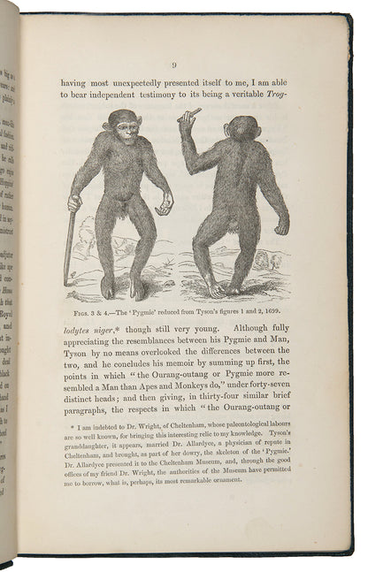 First edition, first issue of Thomas Henry Huxley's Evidence as to Man's Place in Nature, the first book to apply Darwinian evolution to humanity.