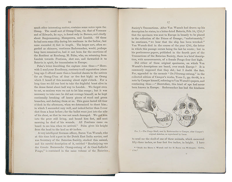 First edition, first issue of Thomas Henry Huxley's Evidence as to Man's Place in Nature, the first book to apply Darwinian evolution to humanity.