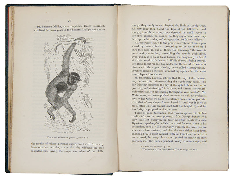 First edition, first issue of Thomas Henry Huxley's Evidence as to Man's Place in Nature, the first book to apply Darwinian evolution to humanity.