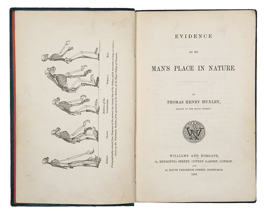 First edition, first issue of Thomas Henry Huxley's Evidence as to Man's Place in Nature, the first book to apply Darwinian evolution to humanity.