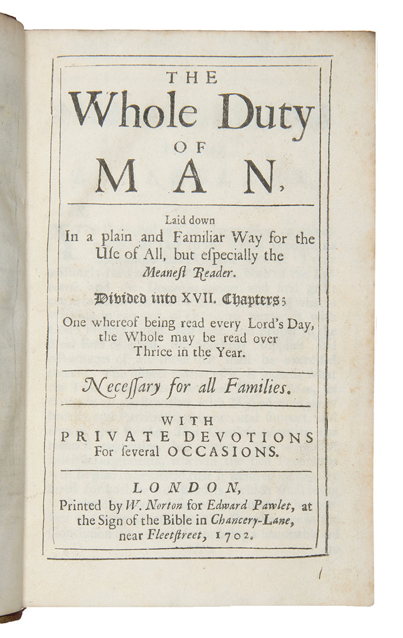 A scarce octavo edition of Richard Allestree's Whole Duty of Man, bound in gilt-panelled red morocco