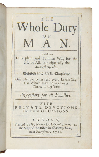 A scarce octavo edition of Richard Allestree's Whole Duty of Man, bound in gilt-panelled red morocco