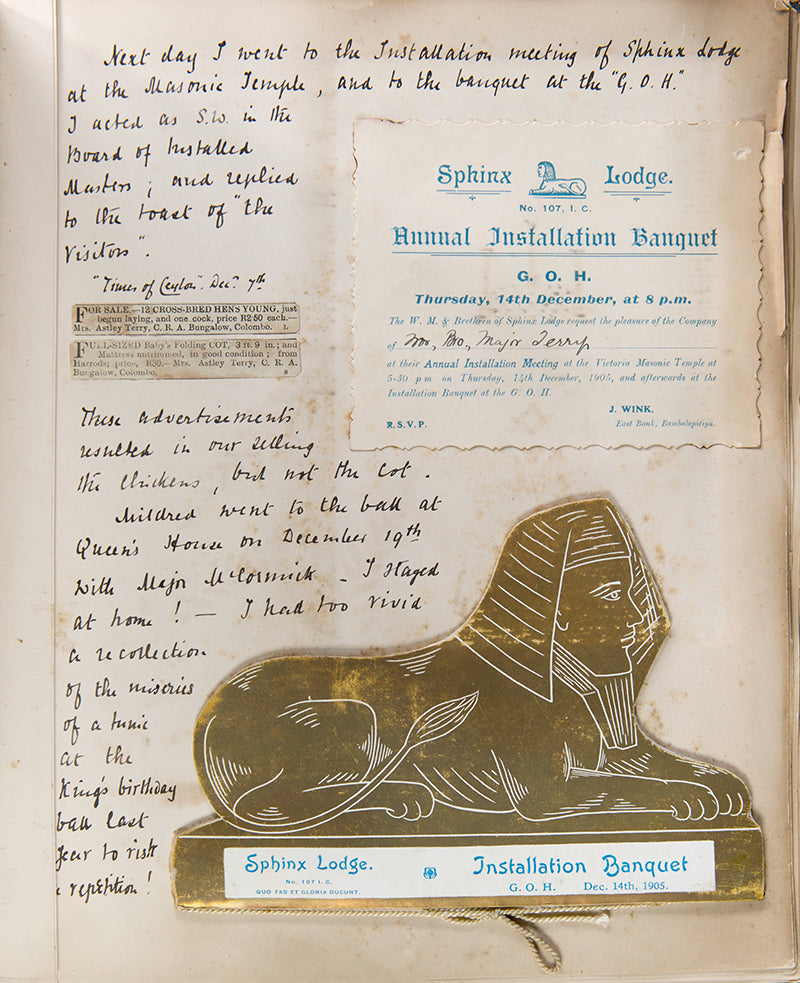 A vivid album of the colonial life of Astley Herbert Terry in Ceylon (Sri Lanka) at the turn of the century, with copious amounts of drawings, ephemera, letters, and photographs accompanying an exhaustive narrative of official life.